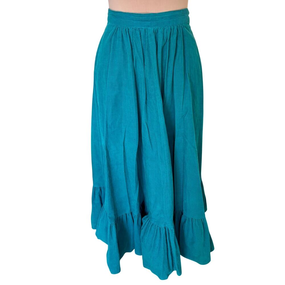 Vintage 70's Circle T Aqua Corduroy Western Rockabilly Ruffle Skirt Boho Cottage